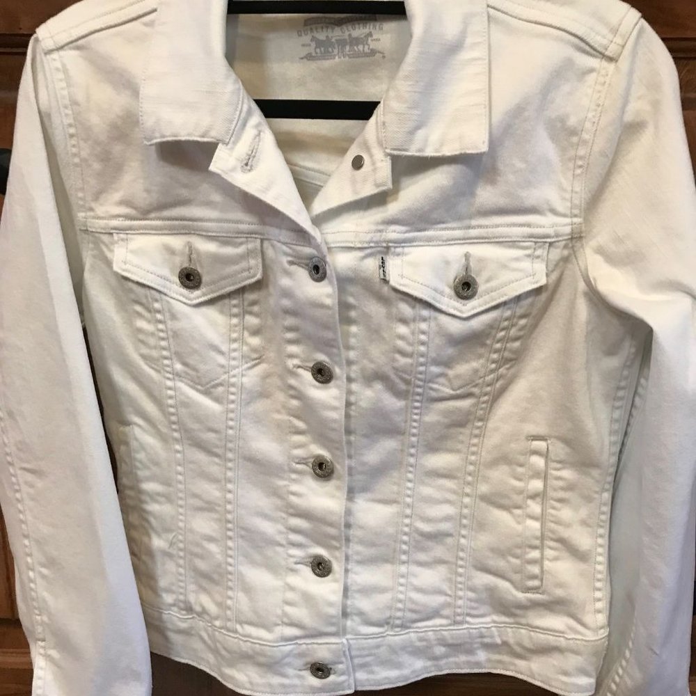 Women's White Denim Levis Jean Jeans Jacket M Medium Long Sleeved
